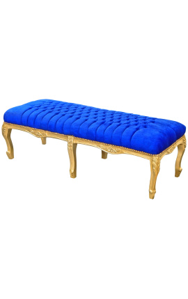 Flat bench, Louis XV style blue velvet fabric and gold wood