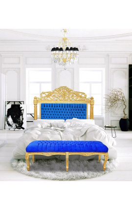 Banc pla d&#039;estil Lluís XV en teixit de vellut blau i fusta daurada