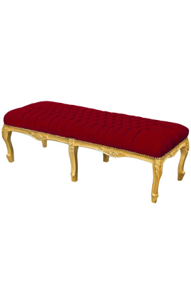 Platte bank Louis XV-stijl bordeauxrode fluwelen stof en goudkleurig hout