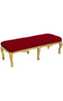 Płaska ławka w stylu Ludwika XV, aksamitna tkanina w kolorze bordowym i złote drewno 