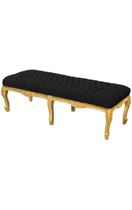 Platte bank Lodewijk XV-stijl zwarte fluwelen stof en goudkleurig hout