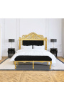 Banco plano estilo Luís XV em tecido de veludo preto e madeira dourada