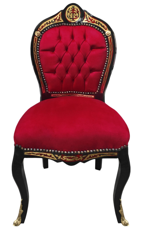 Napoleon III Style söögitool Boulle Marquetry Burgundia Fabric Black Wood - 1