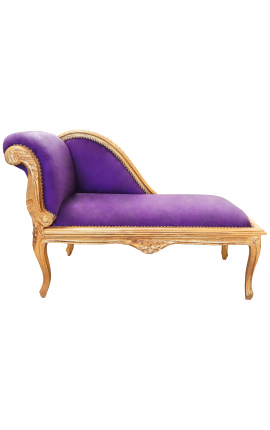 Espreguiçadeira estilo Luís XV em tecido de veludo lilás e madeira dourada