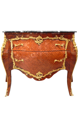 Comodino intarsiato Louis XV stile, bronzi dorati e marmo nero