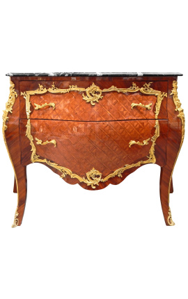 Inlaid Louis XV chest of drawers style, gilded bronzes and black marble