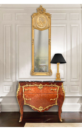 Cassettone in stile Luigi XV intarsiato, bronzi dorati e marmo nero