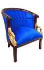 Large bergère Empire style velvet blue and mahogany wood