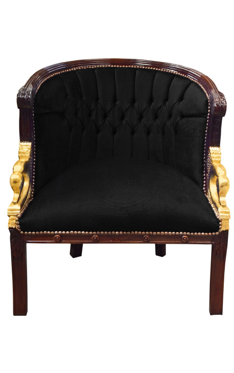 Large bergère Empire style velvet black and mahogany wood