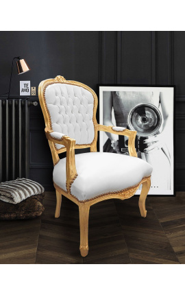 Fauteuil baroque de style Louis XV simili cuir blanc et bois doré