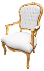 Baročni fotelj v stilu Ludvika XV. iz belega usnja in zlatega lesa
