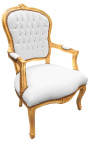 Baročni fotelj v stilu Ludvika XV. iz belega usnja in zlatega lesa