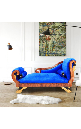 Chaise longue grande estilo Império em veludo azul e mogno