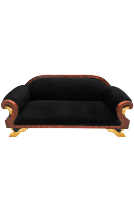 Großes Sofa im französischen Empire-Stil aus schwarzem Stoff und Mahagoniholz