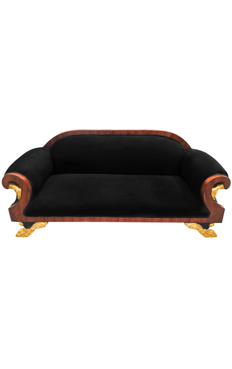 Grand sofa French Empire style black fabric and mahogany wood