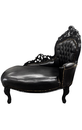 Chaise longue barroca tela de polipiel negra y madera negra