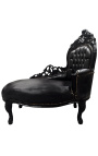 Méridienne baroque tissu simili cuir noir et bois noir