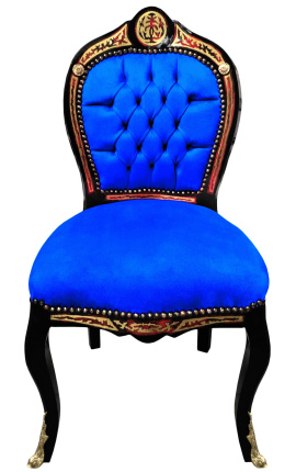 Dinerstoel in Napoleon III-stijl Boulle inlegwerk blauw fluweel en zwart hout