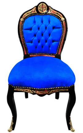 Jedálenská stolička v štýle Napoleon III Boulle intarzia modrý zamat a čierne drevo