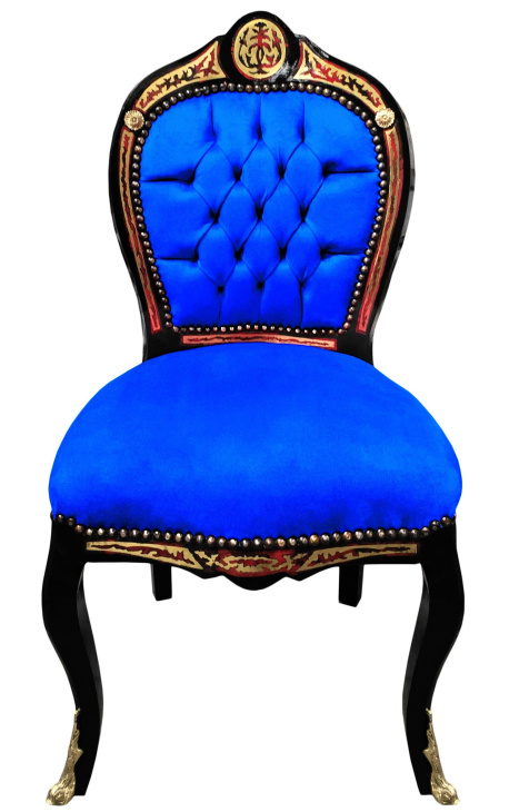 Napoleon III štýl stolček Boulle marketry modrý samet a čierne drevo - 1