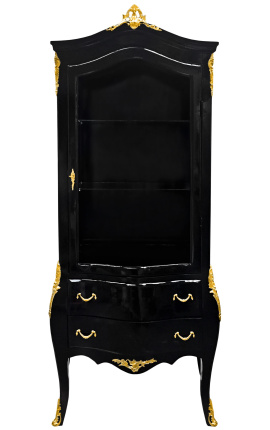 Baroque display cabinet lacquered glossy black with gold bronzes