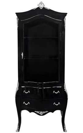 Baroque display cabinet lacquered black shiny with silver bronze