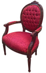Fauteuil Louis XVI de style baroque tissu satiné rouge et bois acajou