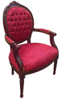 Fauteuil Louis XVI de style baroque tissu satiné rouge et bois acajou