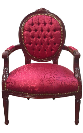 Barokkityylinen nojatuoli Louis XVI -tyylinen punainen satiinikangas ja mahonkipuu