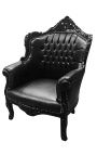 Fauteuil "princier" de style Baroque simili cuir noir et bois laqué