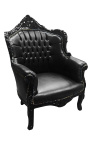 Fauteuil "princier" de style Baroque simili cuir noir et bois laqué