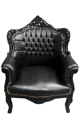 Cadeira de braço "príncipe" estilo barroco couro preto e madeira lacada preta