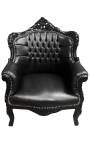 Fauteuil "princier" de style Baroque simili cuir noir et bois laqué