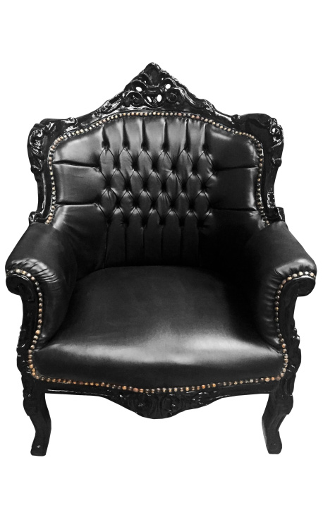 Sillón príncipe estilo barroco piel negra y madera lacada