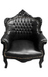 Fauteuil princier de style Baroque simili cuir noir et bois laqué