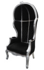 Grand fauteuil carrosse de style Baroque tissu velours noir et bois argent