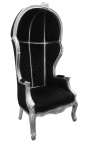 Grand porter's barok stol, sort fløjl og træ sølv