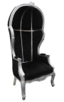 Grand fauteuil carrosse de style Baroque tissu velours noir et bois argent