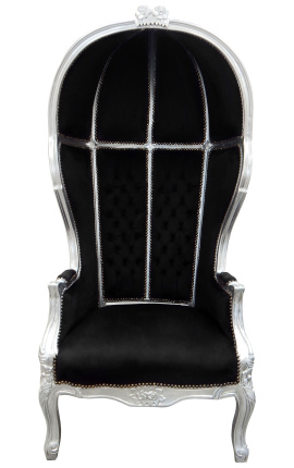 Grand porter's barok stol sort fløjl og træ sølv