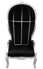 Cadeira grande de estilo barroco em tecido de veludo preto e madeira prateada