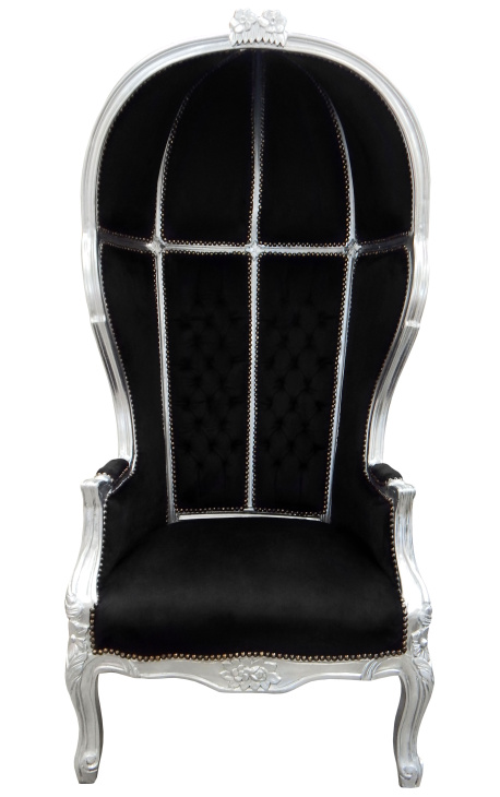 Barokové kreslo Grand Porter v štýle čierny zamat a drevo strieborné - 1