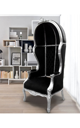 Silla de estilo barroco de gran porter de terciopelo negro y plata de madera