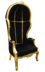 Cadira d'autocar d'estil barroc gran de tela de vellut negre i fusta daurada