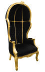 Grand porter's Baroque style chair black velvet and gold wood