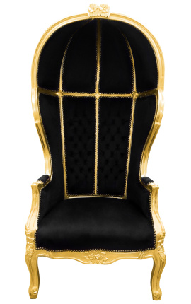 Grand fauteuil carrosse de style Baroque tissu velours noir et bois doré