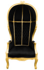 Cadira d'autocar d'estil barroc gran de tela de vellut negre i fusta daurada