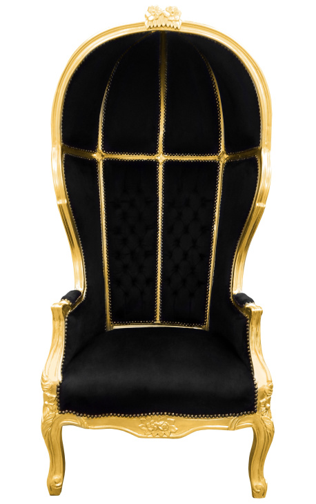 Grand porter's Baroque style chair black velvet and gold wood