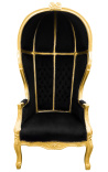 Grand fauteuil carrosse de style Baroque tissu velours noir et bois doré