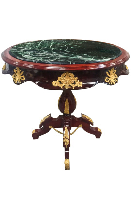 Tavolo ovale in stile impero in mogano, bronzo e marmo verde