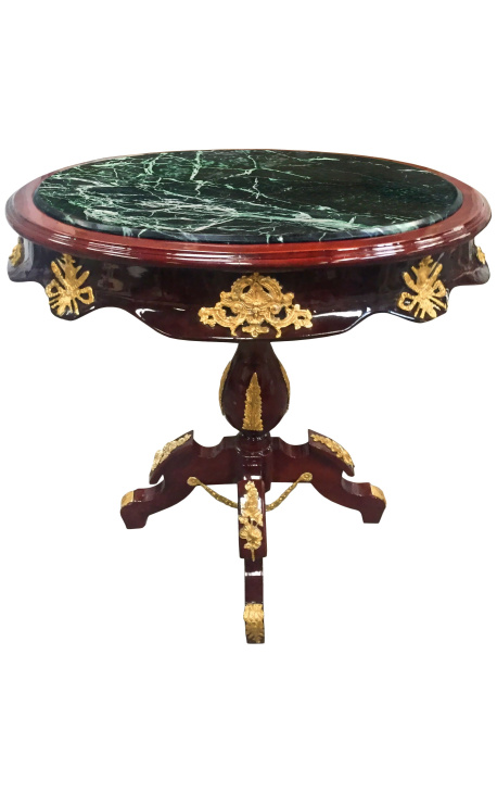 Empire style oval table in mahogany, bronze and green marble